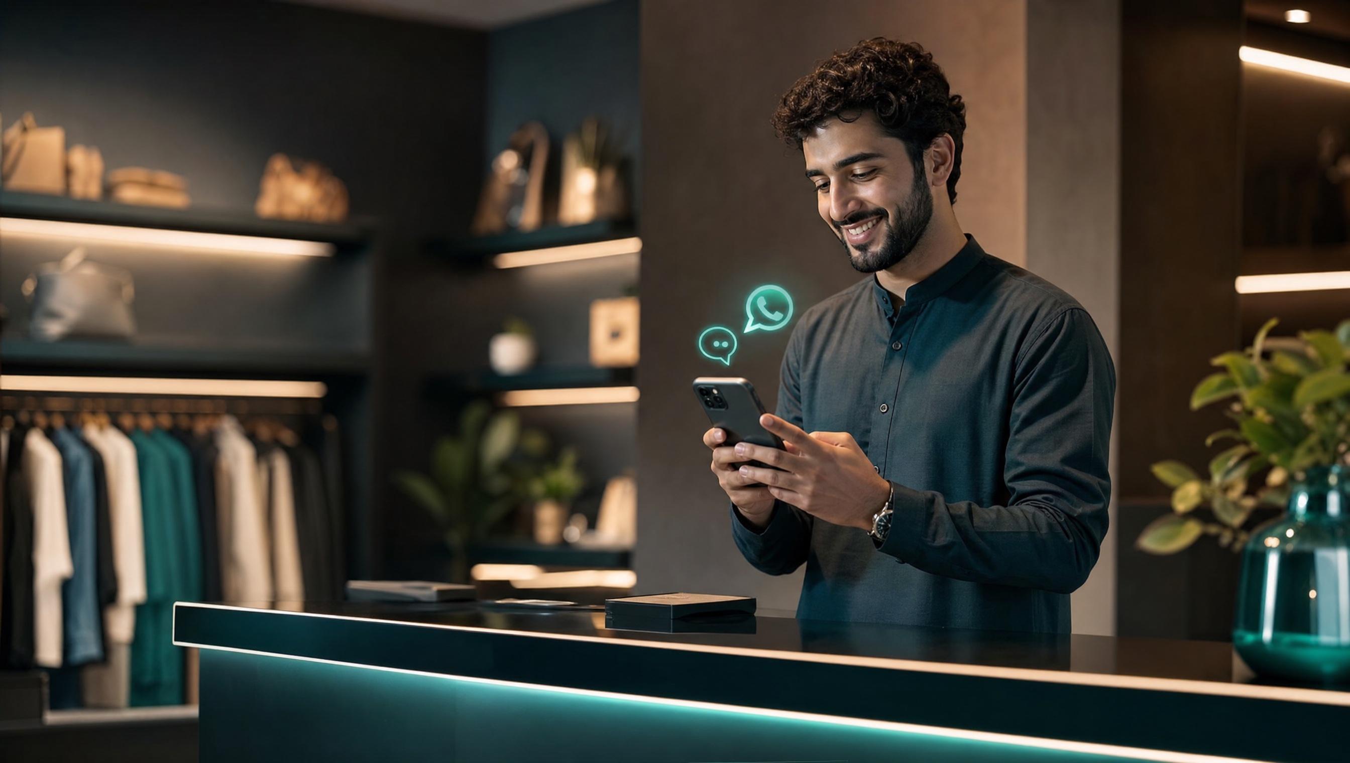 A shop owner following WhatsApp orders from his phone
