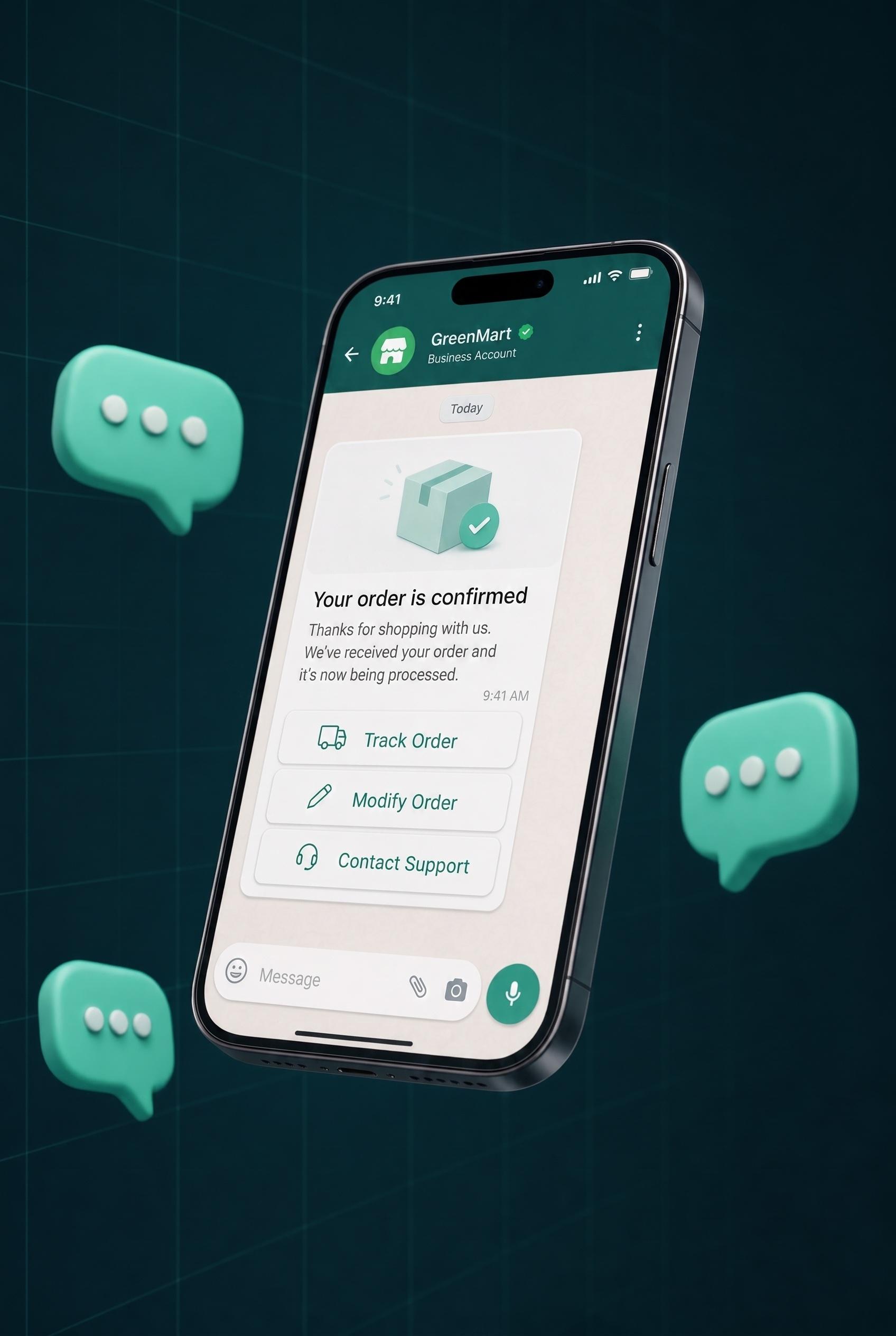 Phone showing a WhatsApp conversation with interactive buttons: track, modify, and contact support